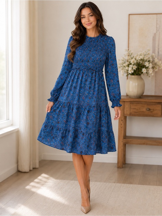 Dresses & Skirts - Blue Floral Long-Sleeve Smocked Dress